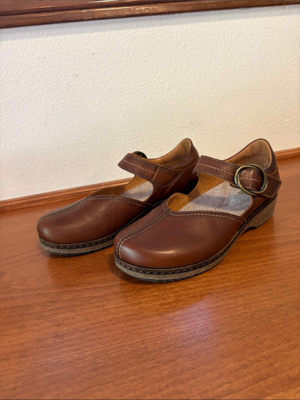 PIKOLINOS Brown Leather Mary Jane Clogs with Buckle Strap